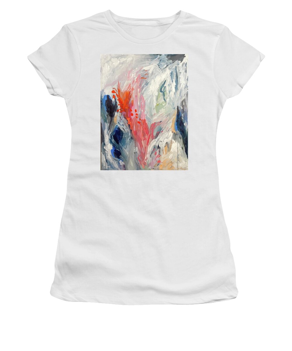Abstract Blue Red Serene Abstract Universal Statement Living Room Women's T-Shirt featuring the painting Serenity #1 by Meredith Palmer
