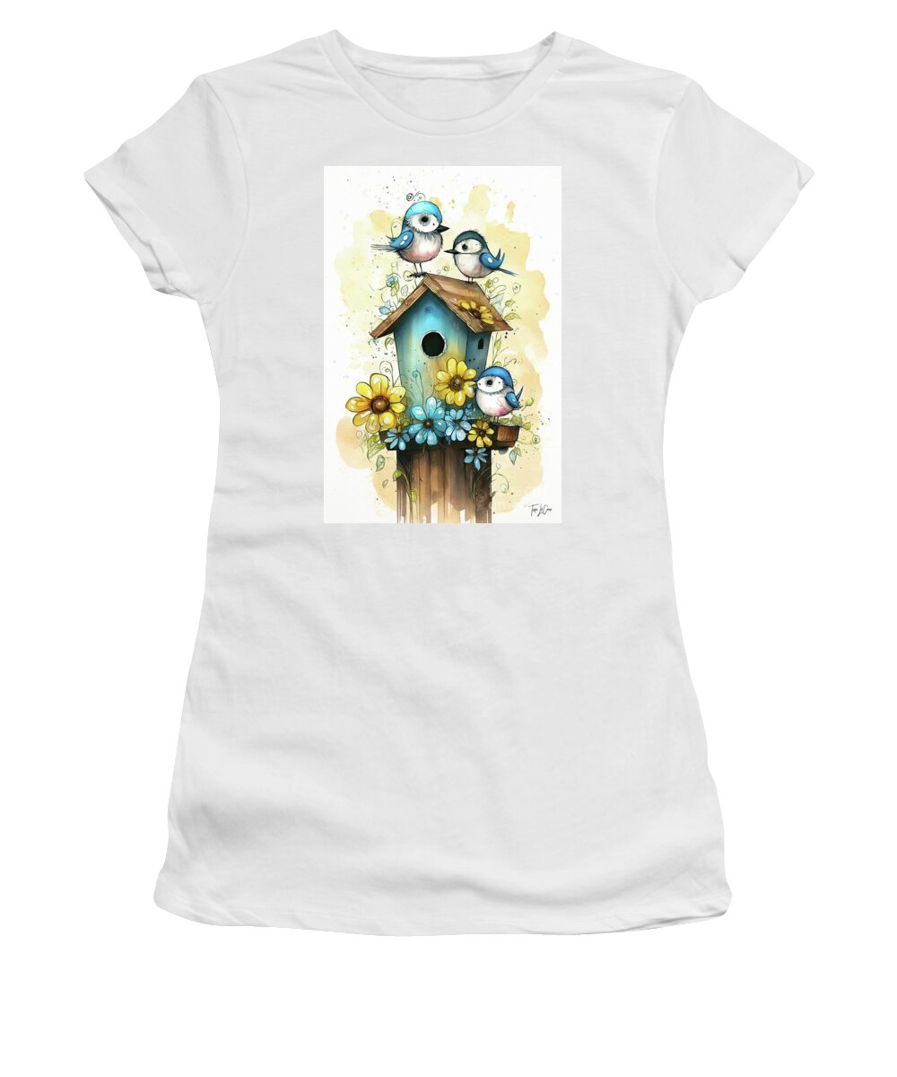 Bluebirds Women's T-Shirt featuring the painting Three Little Bluebirds by Tina LeCour