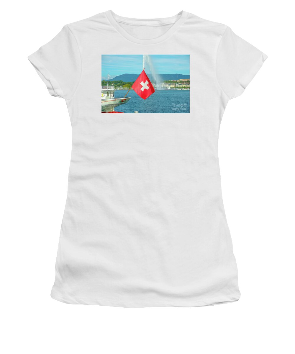Geneva Women's T-Shirt featuring the photograph Water jet fountain and Swiss flag #1 by Benny Marty