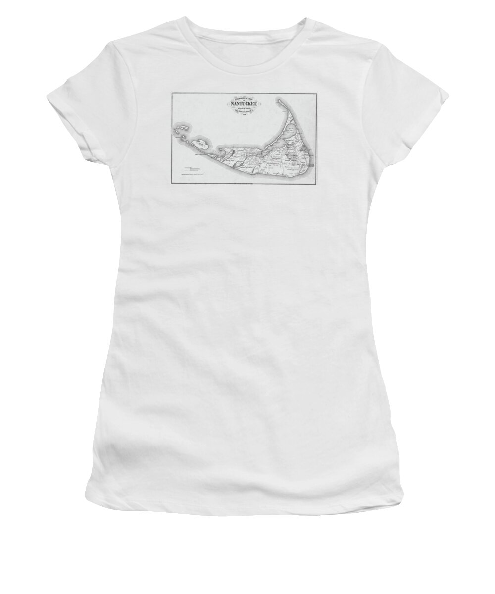 Nantucket Women's T-Shirt featuring the photograph 1865 Historical Map of Nantucket Massachusetts Cape Code Black and White by Toby McGuire