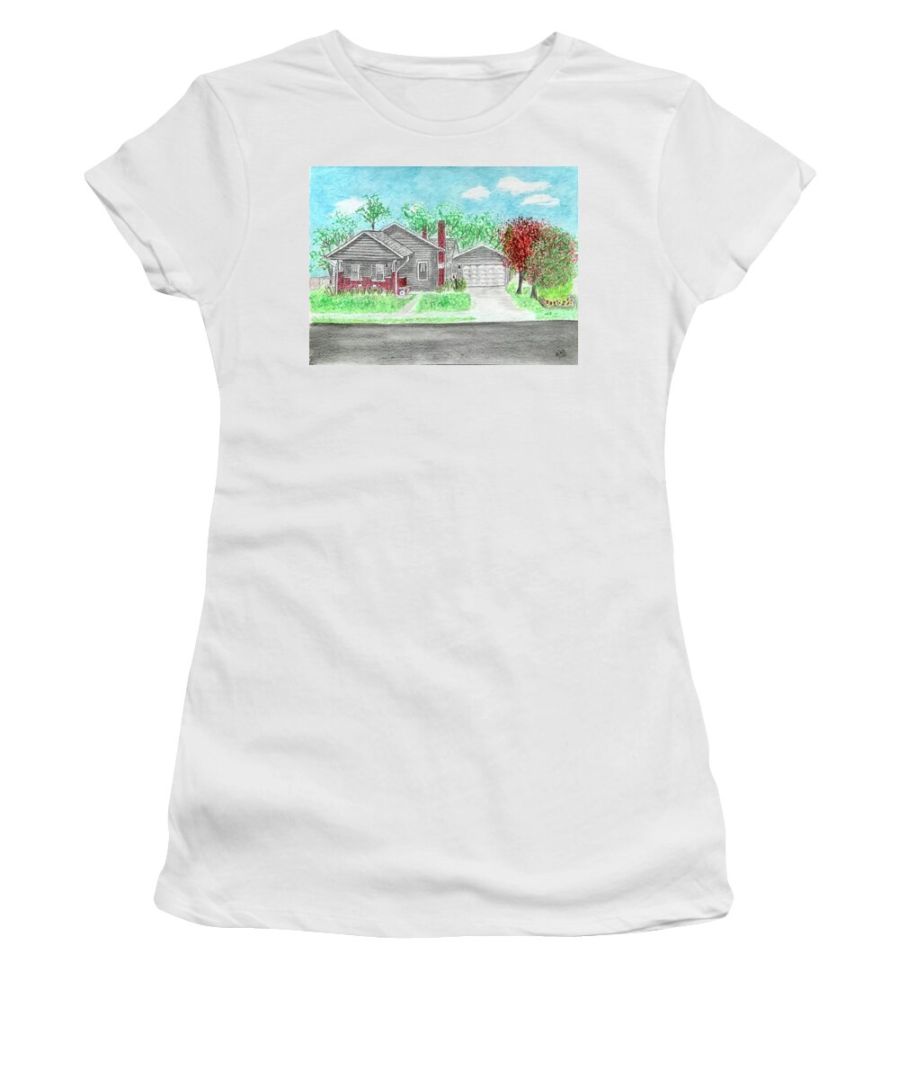 Craftsman Bungalow Women's T-Shirt featuring the painting 1926 Craftsman Bungalow by Kathy Marrs Chandler