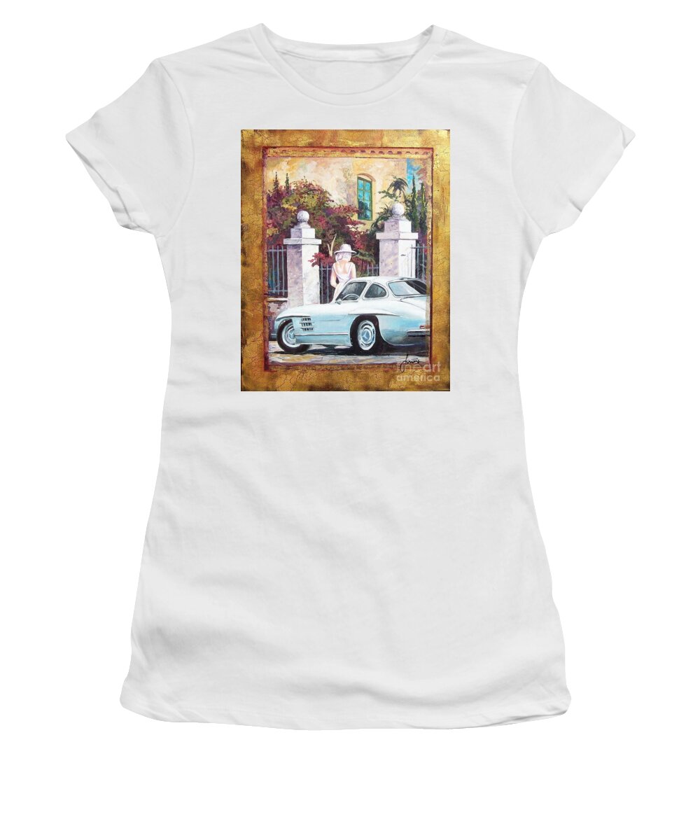 Classic Cars Paintings Women's T-Shirt featuring the painting 1954 Mercedes Benz sl 300 Gullwing by Sinisa Saratlic