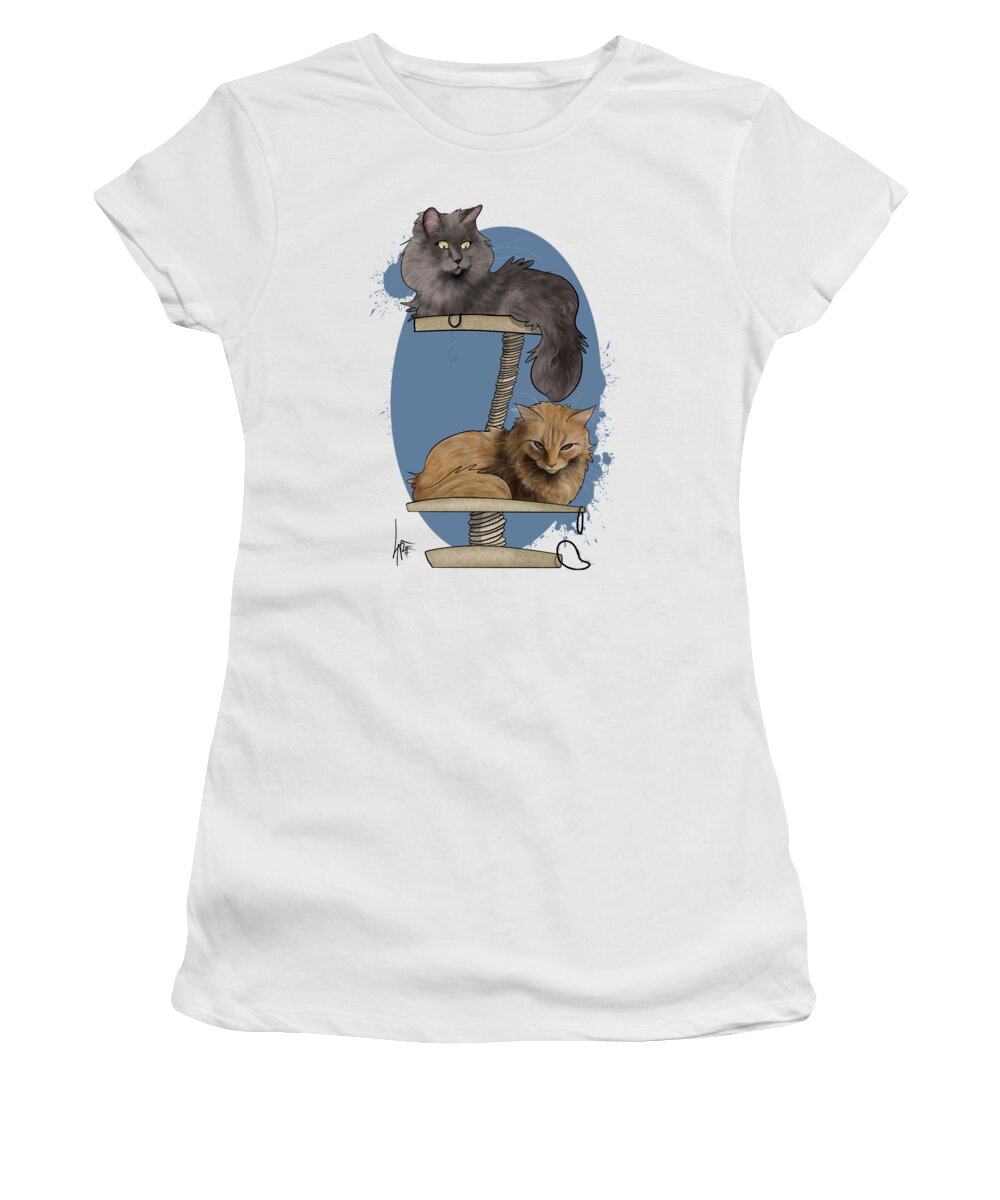 6046 Women's T-Shirt featuring the drawing 2 Cats on a Tower by Canine Caricatures By John LaFree