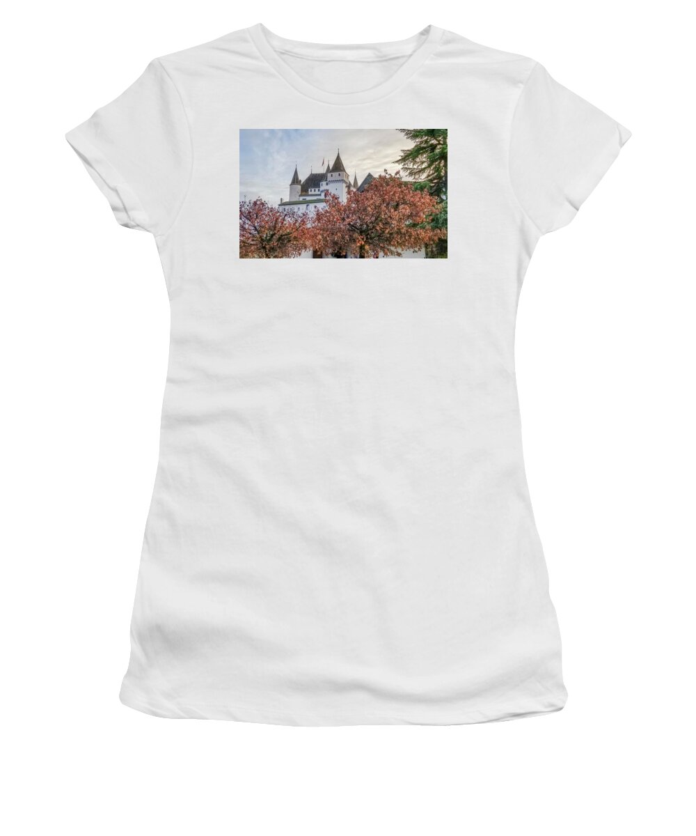 Nyon Women's T-Shirt featuring the photograph Famous medieval castle in Nyon, Switzerland #2 by Elenarts - Elena Duvernay photo