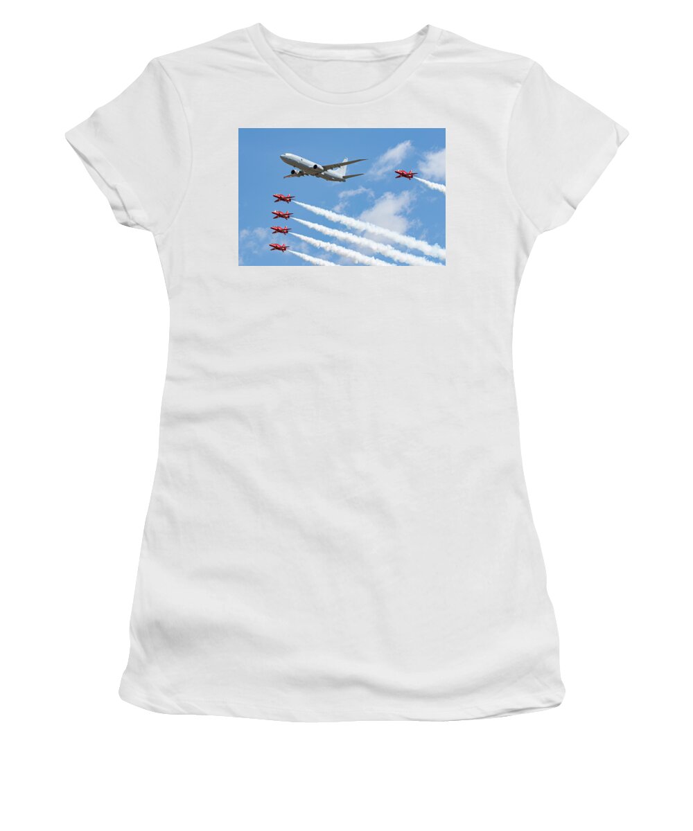 P 8 Poseidon Women's T-Shirt featuring the photograph Red Arrows and P8 Poseidon by Airpower Art