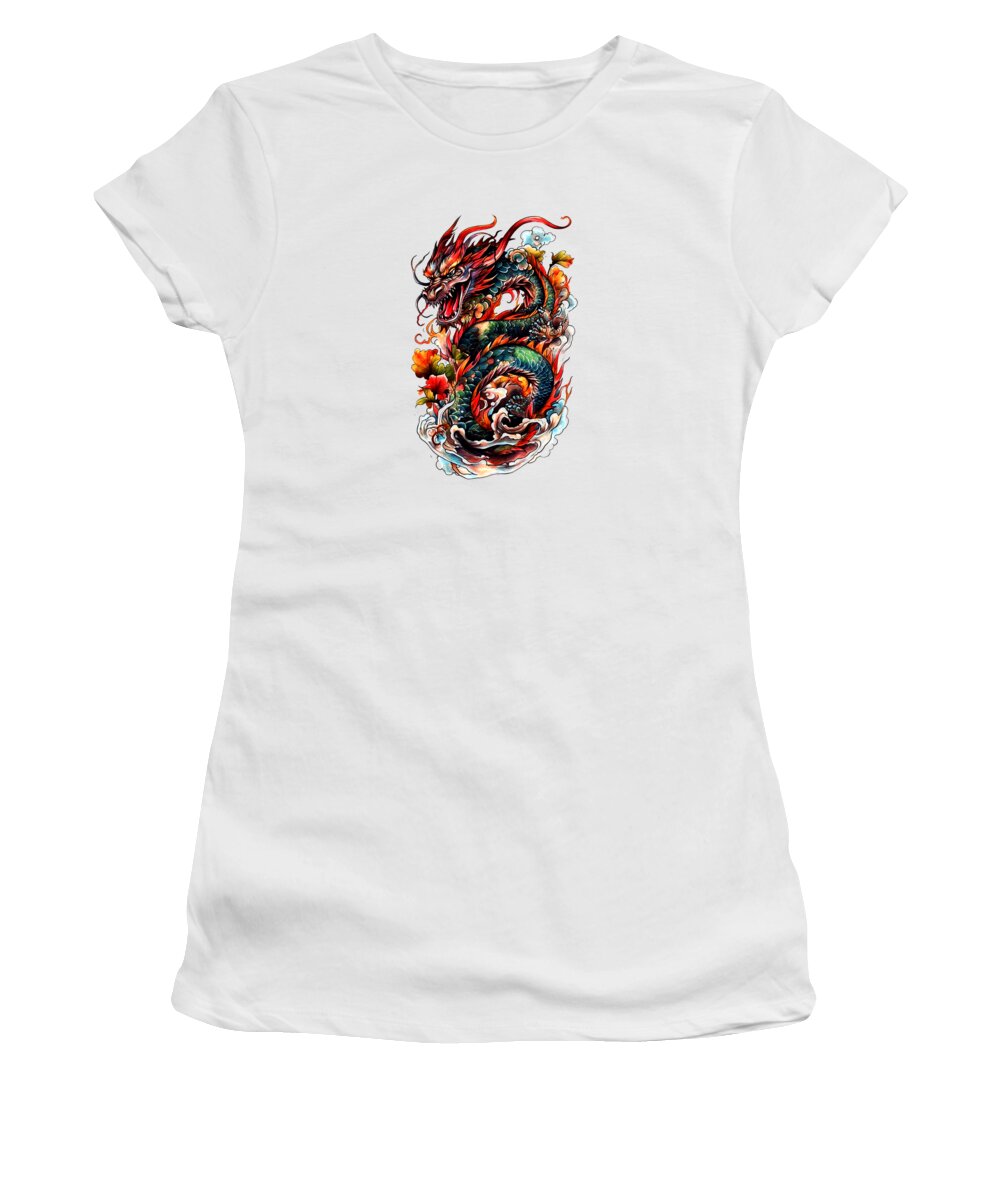 Dragon Women's T-Shirt featuring the mixed media Tattoo Style Dragon #23 by World Art Collective