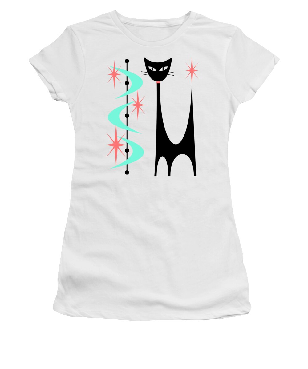 Mid Century Modern Women's T-Shirt featuring the digital art Atomic Cat Aqua and Pink by Donna Mibus