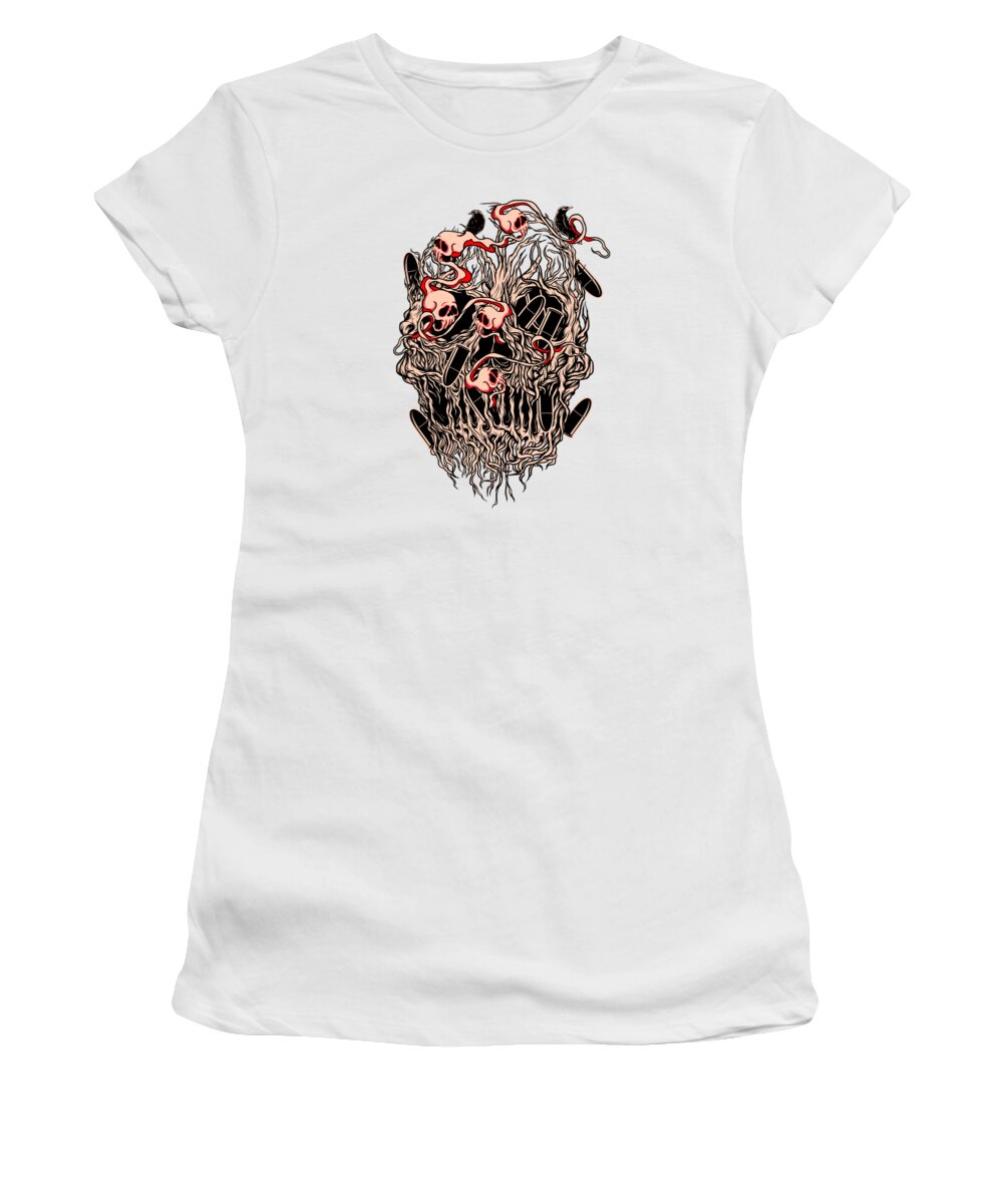 Bullet Skull Women's T-Shirt featuring the digital art Bullets and Skull Roses Aesthetic Dripping Pattern #6 by Toms Tee Store
