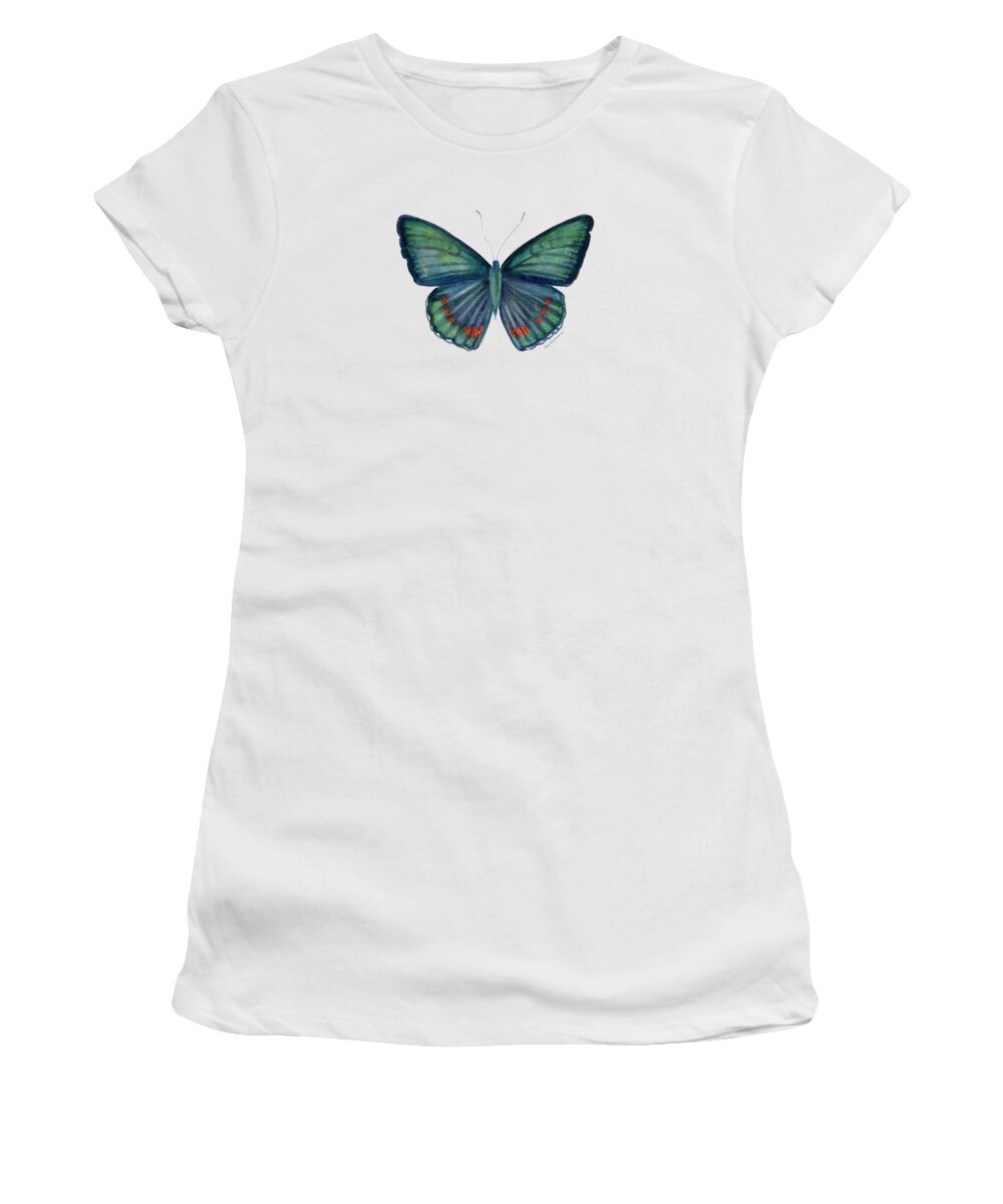 Teal Green Butterfly Women's T-Shirt featuring the painting 82 Bellona Butterfly by Amy Kirkpatrick