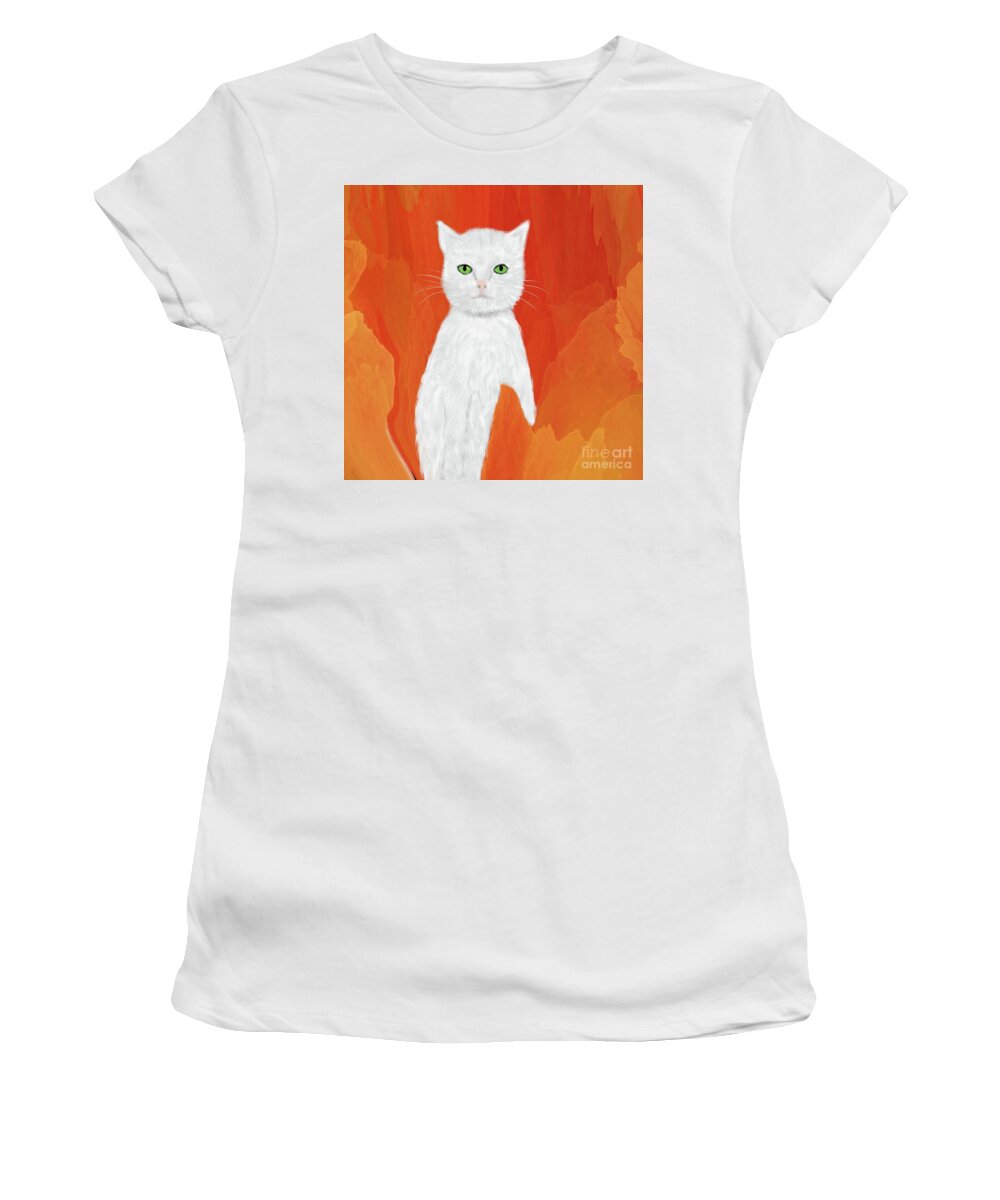 White Cat Prints Women's T-Shirt featuring the digital art A cute little white puss within the abstract by Elaine Hayward
