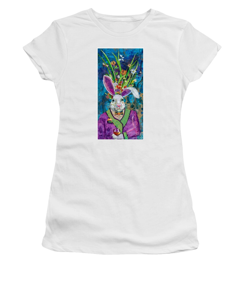 Collage Collages Mixed-media Torn Cut Paper Fabric Rabbit Bunny Bunched Flower Flowers Brand Whimsical Funny Fantasy Women's T-Shirt featuring the mixed media A Distinguished Gentleman by Li Newton