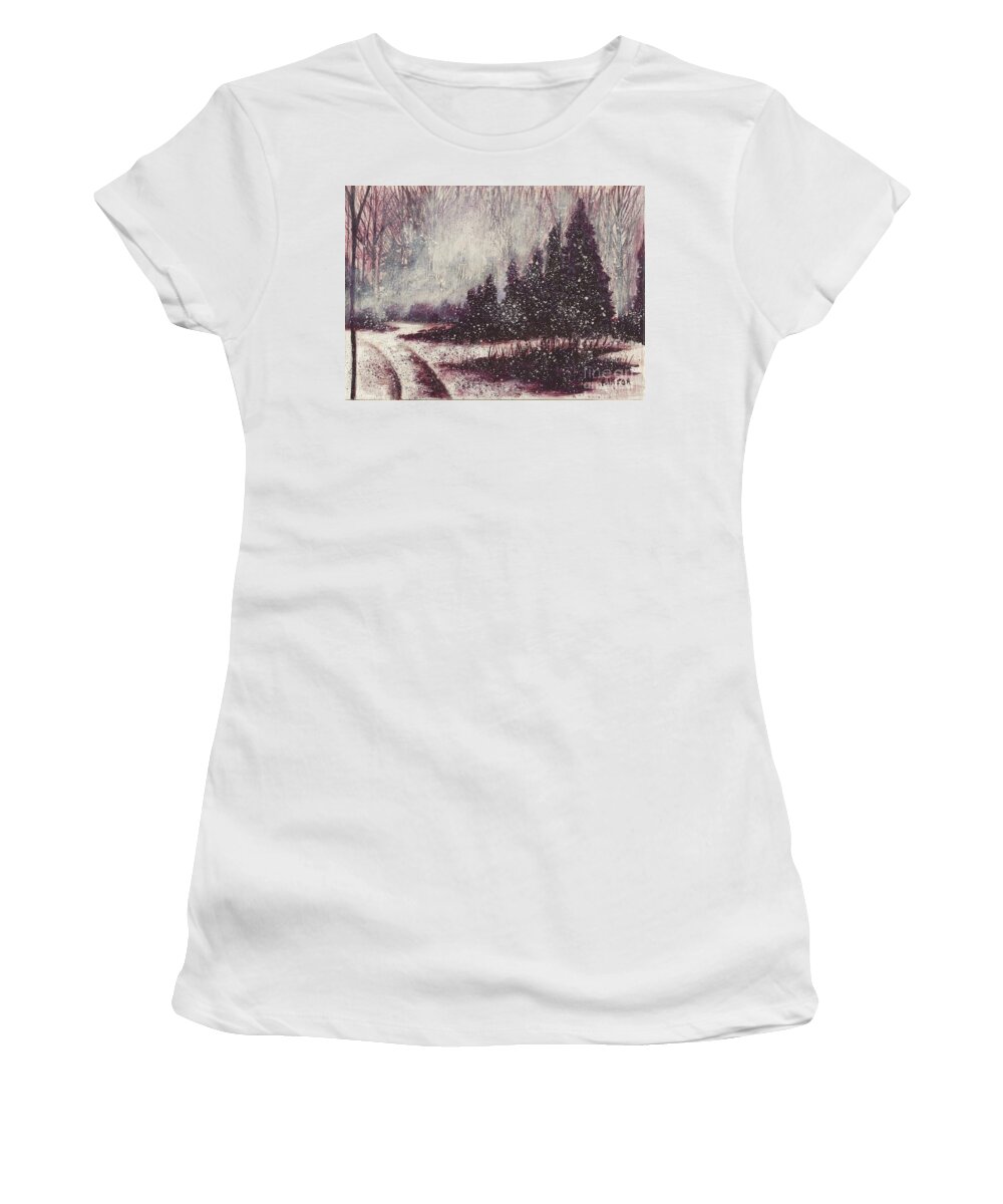 #snow #boulder #colorago #foggy #snowscenes #allisonconstantino #landscape #snow #foggy #foggylandscape Women's T-Shirt featuring the painting A Hazy Shade of Winter by Allison Constantino