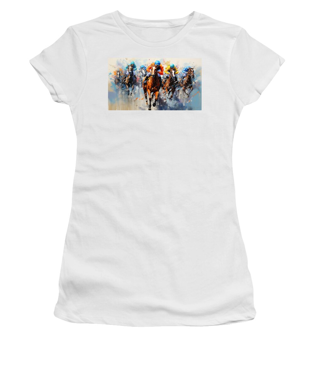 Horse Racing Women's T-Shirt featuring the painting A Heart-Pounding Thrill by Lourry Legarde