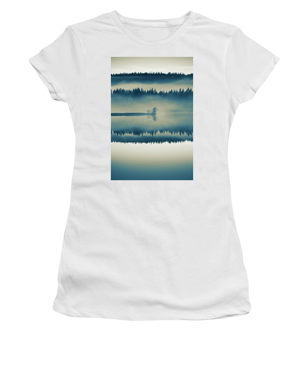 Europe Women's T-Shirt featuring the photograph A misty forest is reflected in a glassy lake - duotone by Ulrich Kunst And Bettina Scheidulin