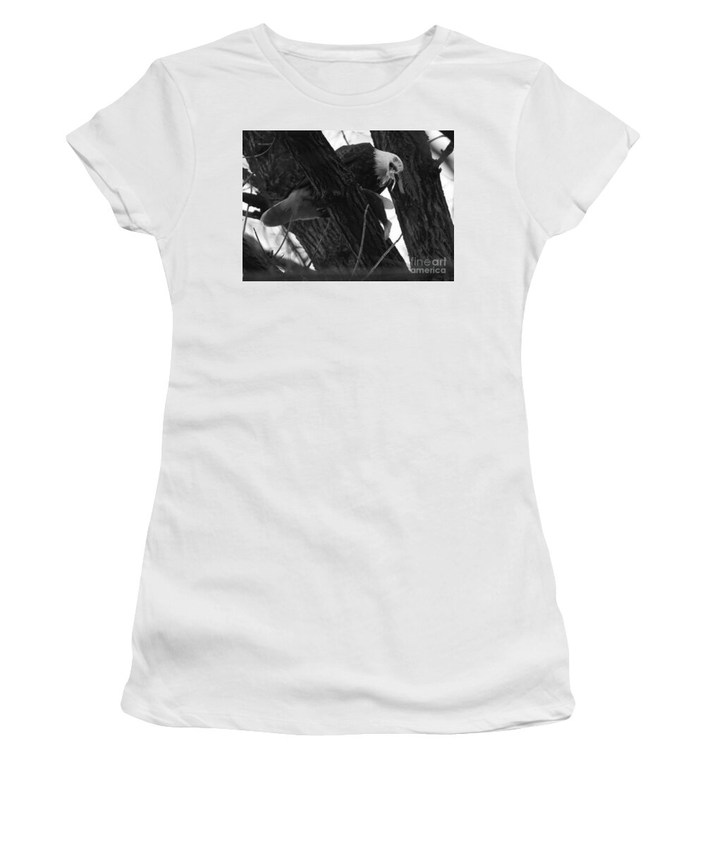Conowingo Women's T-Shirt featuring the photograph A Mouthful Of Fish At Conowingo Dam Black And White by Adam Jewell