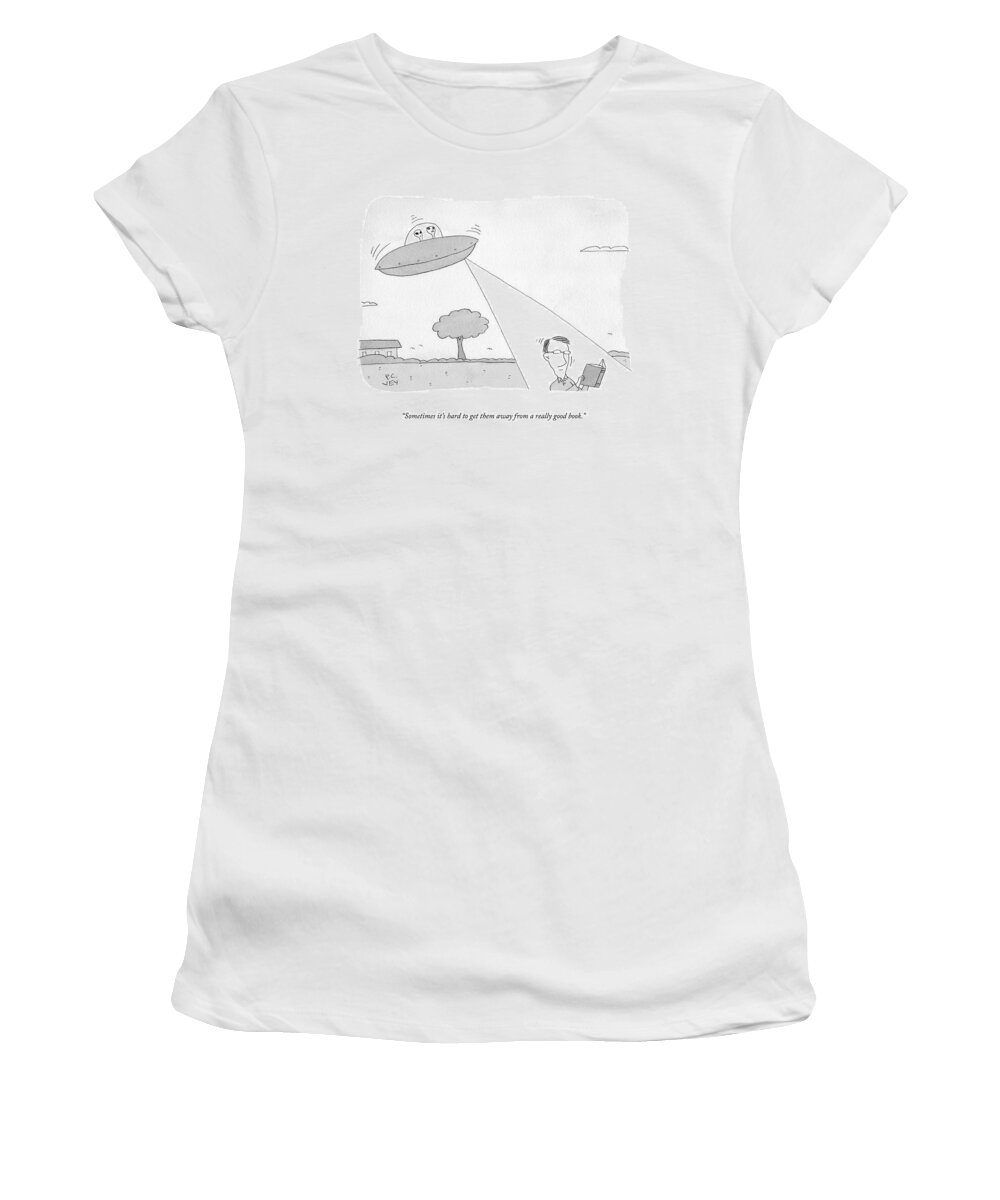 Sometimes It's Hard To Get Them Away From A Really Good Book. Women's T-Shirt featuring the drawing A Really Good Book by Peter C Vey