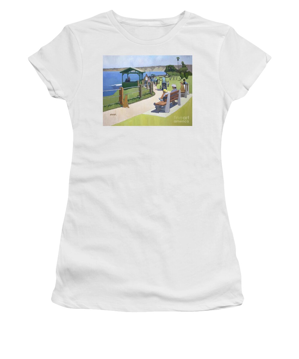 La Jolla Women's T-Shirt featuring the painting A Sunday Afternoon at Scripps Park, La Jolla - San Diego, California by Paul Strahm