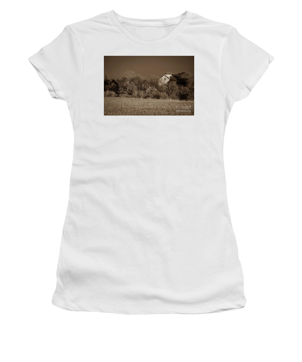 Sepia Women's T-Shirt featuring the photograph Abandoned Barn In The Trees Monochromatic / Sepia Landscape Photo by PIPA Fine Art - Simply Solid