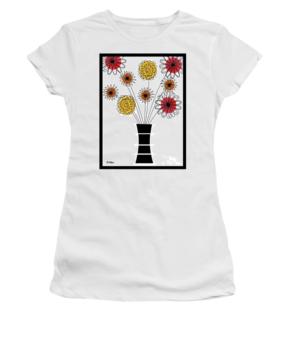 Mid Century Modern Women's T-Shirt featuring the mixed media Abstract Flowers Warm Colors Bordered by Donna Mibus