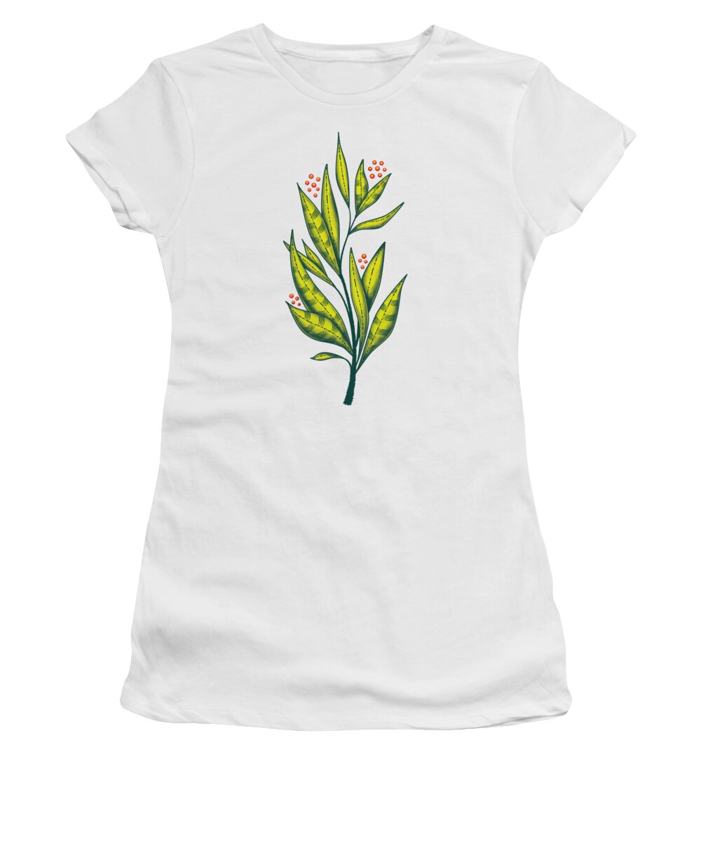 Green Women's T-Shirt featuring the digital art Abstract green plant with decorative leaves and berries by Boriana Giormova