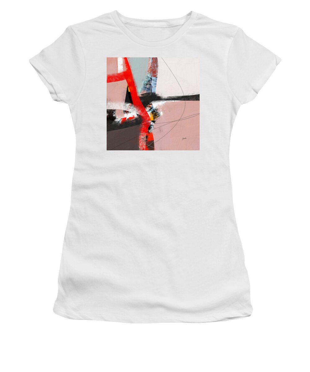 Abstract Women's T-Shirt featuring the painting Acrobat - Beige White Red And Blue Abstract Painting by iAbstractArt