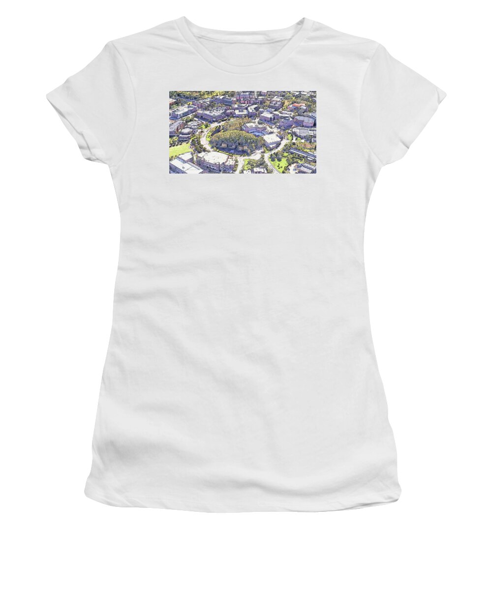 University Of Central Florida Women's T-Shirt featuring the digital art Aerial of the University of Central Florida campus - pencil sketch by Nicko Prints