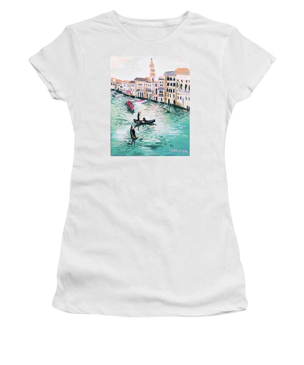 Landscape Venice Water Watercanal Boats Italy Italian Bright Airy Europe Wall Art European Boats Gondola Women's T-Shirt featuring the painting Afternoon in Venice by Meredith Palmer