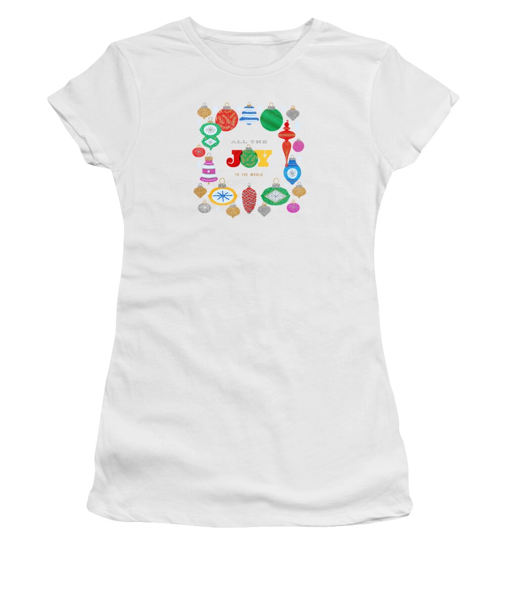Ornaments Women's T-Shirt featuring the digital art All the Joy to the World - Modern Rainbow Vintage Ornament Holiday art by Jen Montgomery by Jen Montgomery