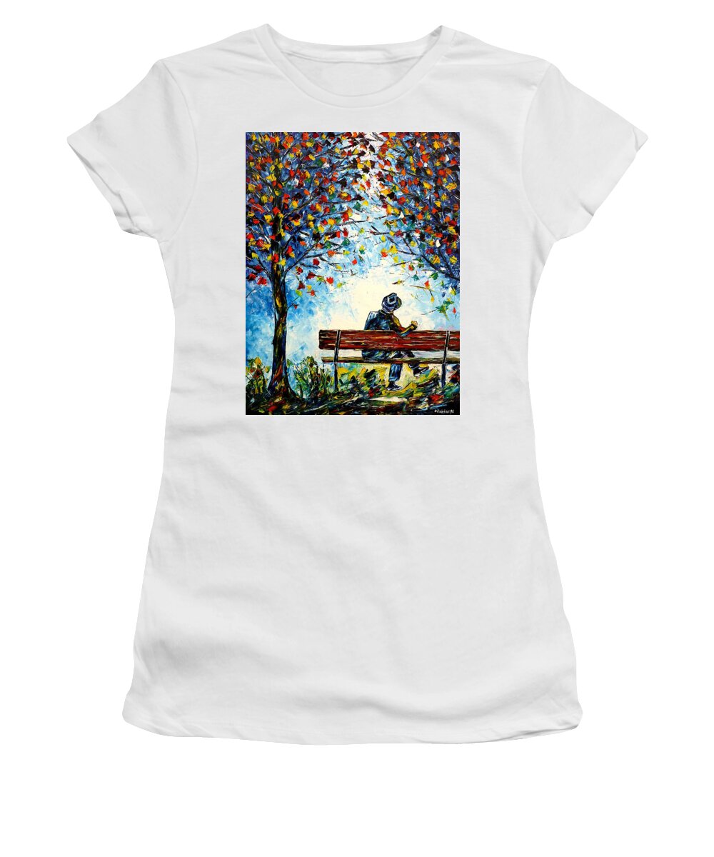 Lonely Man Women's T-Shirt featuring the painting Alone On A Bench by Mirek Kuzniar
