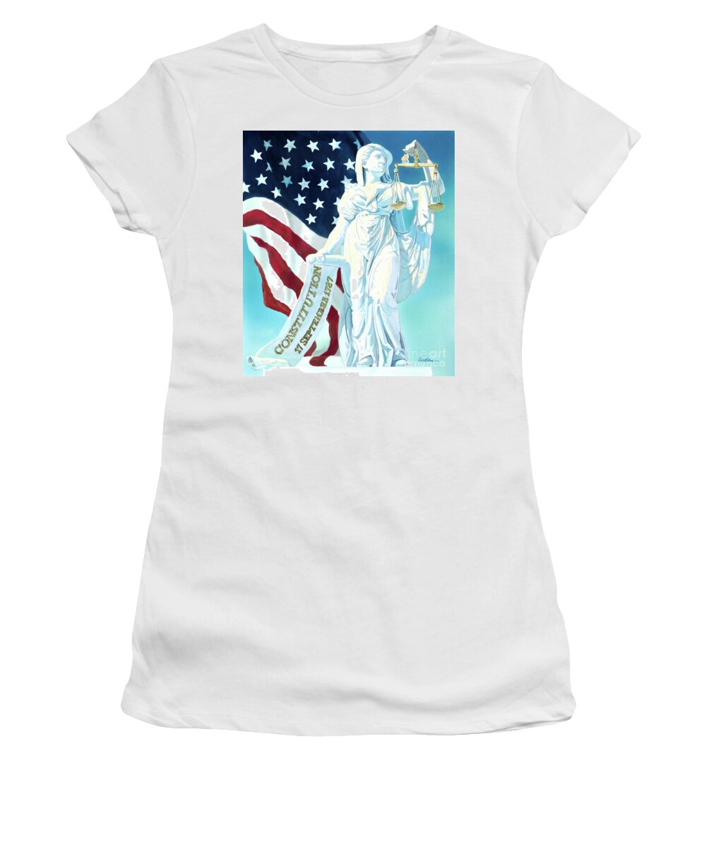 Tom Lydon Women's T-Shirt featuring the painting America - Genius of America - Justice Holding Scale And Scrolls by Tom Lydon