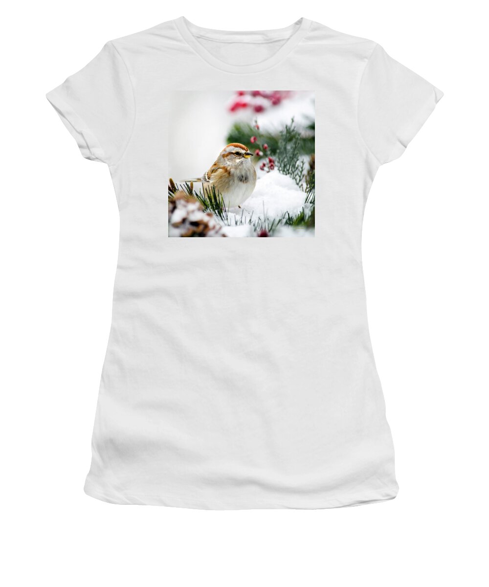 Bird Women's T-Shirt featuring the photograph American Tree Sparrow Bird In Snow by Christina Rollo