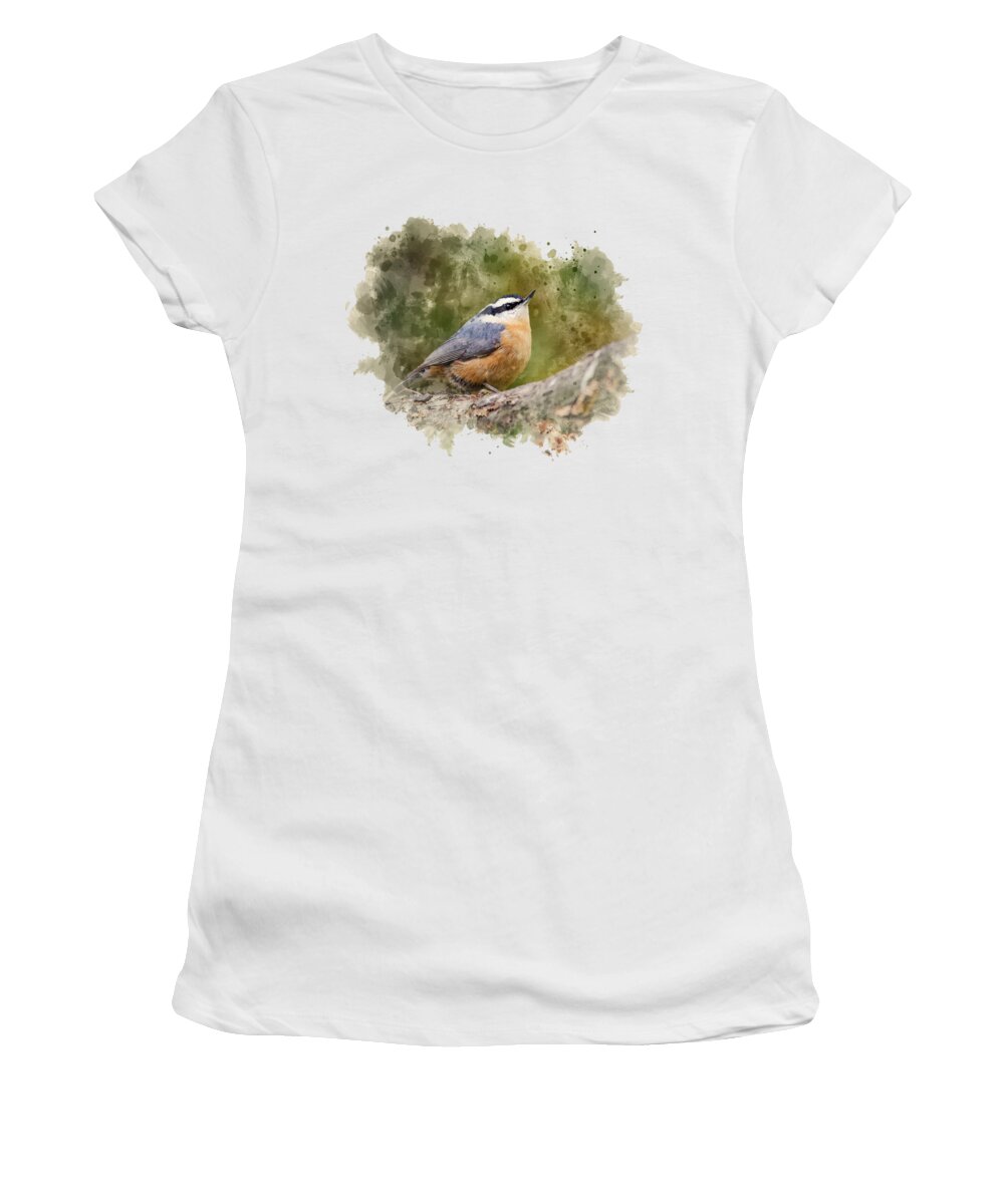 Nuthatch Women's T-Shirt featuring the mixed media Nuthatch Watercolor Art by Christina Rollo
