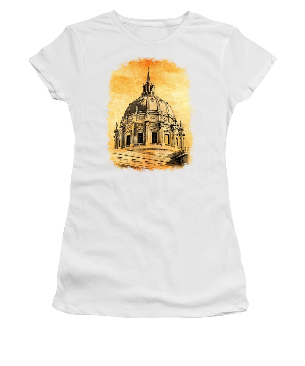 San Francisco City Hall Women's T-Shirt featuring the digital art The dome of the San Francisco City Hall blended on old paper by Nicko Prints