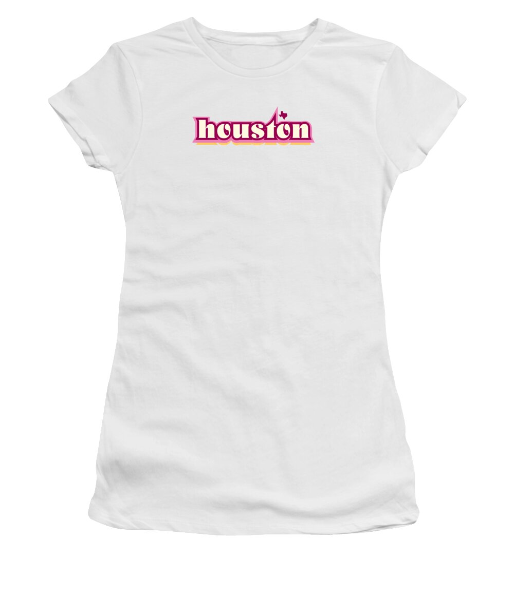 Jan M Stephenson Designs Women's T-Shirt featuring the digital art Houston Texas - Retro Name Design, Southeast Texas, Pink, Maroon, Yellow by Jan M Stephenson