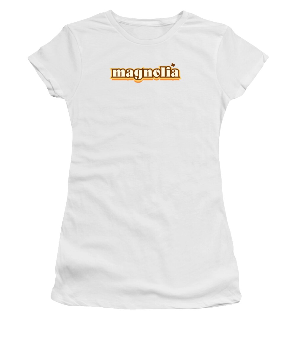 Jan M Stephenson Designs Women's T-Shirt featuring the digital art Magnolia Texas - Retro Name Design, Southeast Texas, Yellow, Brown, Orange by Jan M Stephenson