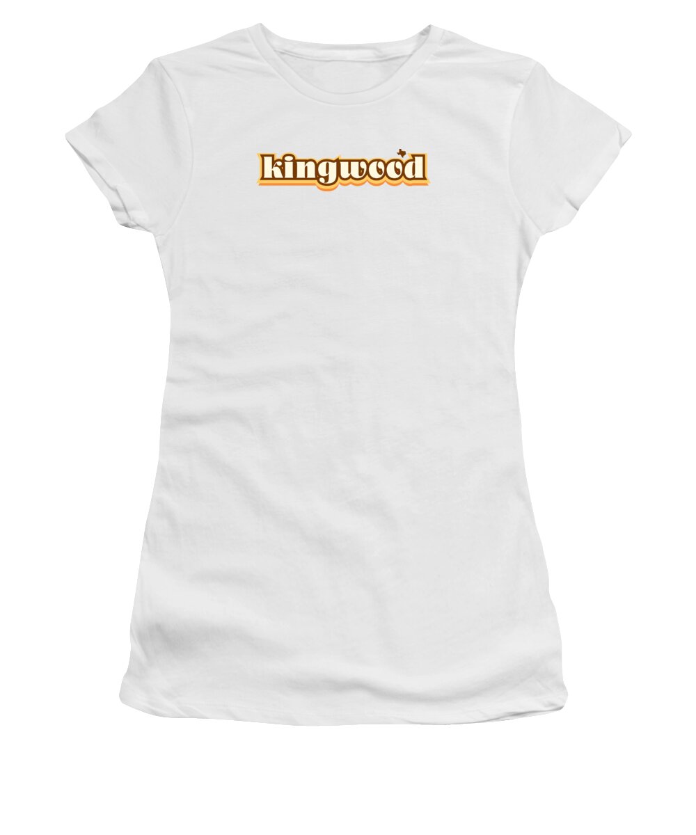 Jan M Stephenson Designs Women's T-Shirt featuring the digital art Kingwood Texas - Retro Name Design, Southeast Texas, Yellow, Brown, Orange by Jan M Stephenson