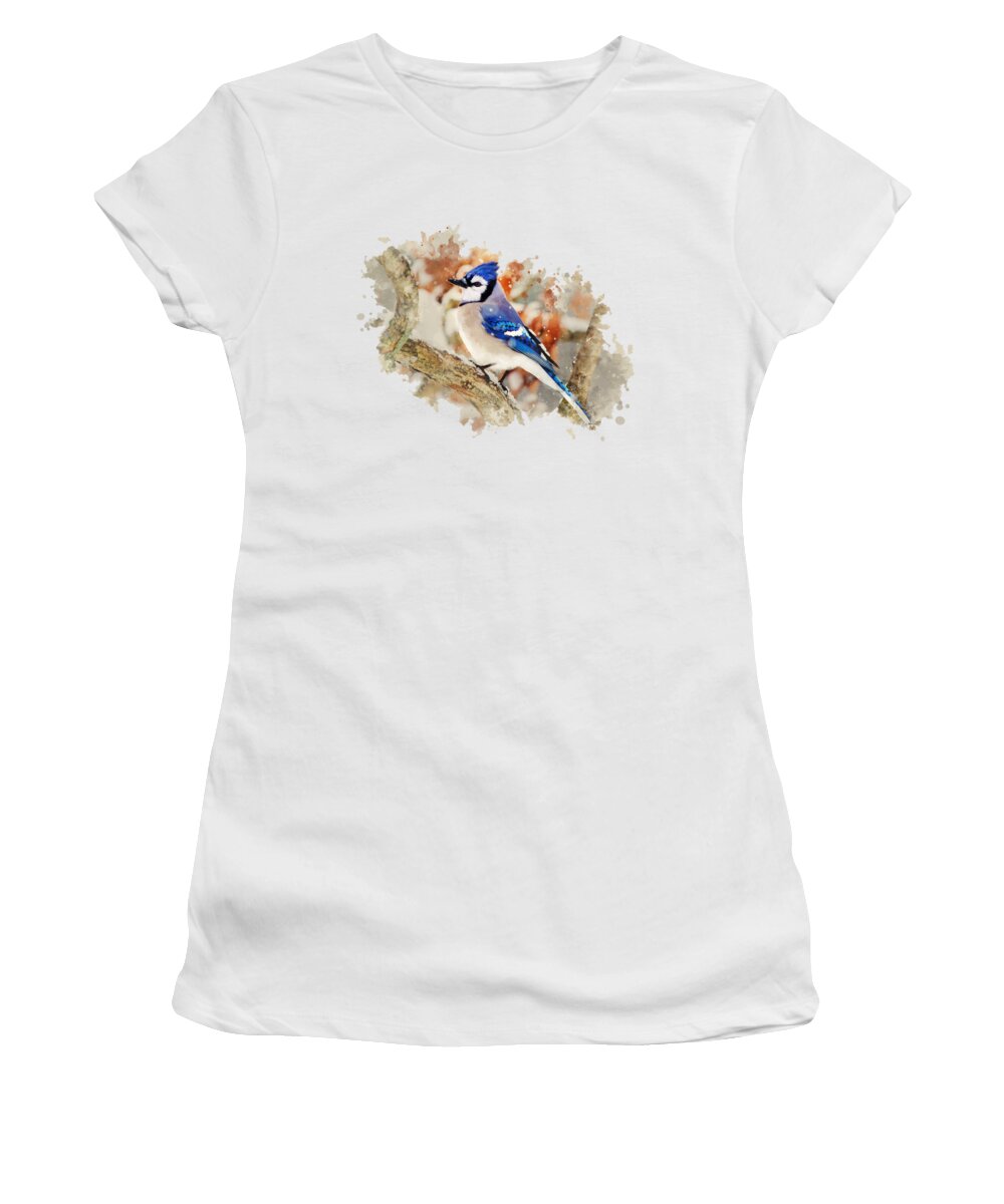 Blue Jay Women's T-Shirt featuring the mixed media Beautiful Blue Jay - Watercolor Art by Christina Rollo