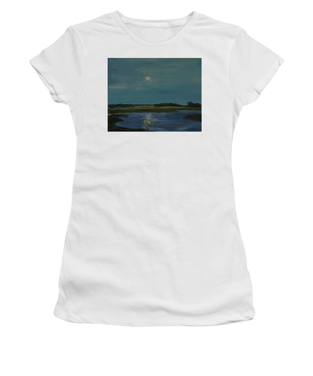 Lake Women's T-Shirt featuring the painting Moon on the Rise by Helen Campbell