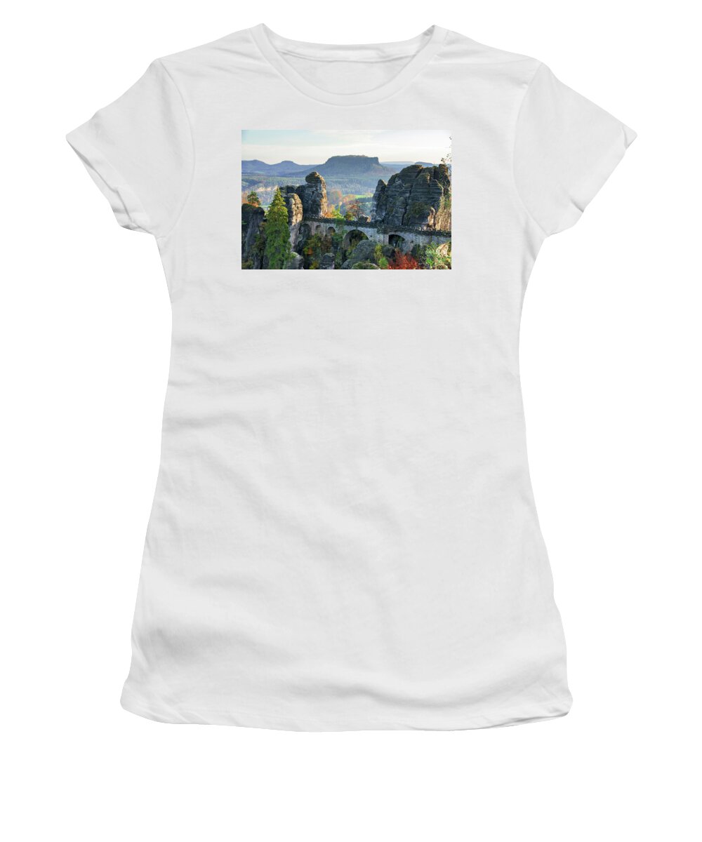 Saxon Switzerland Women's T-Shirt featuring the photograph Autumn afternoon on the Bastei bridge by Sun Travels