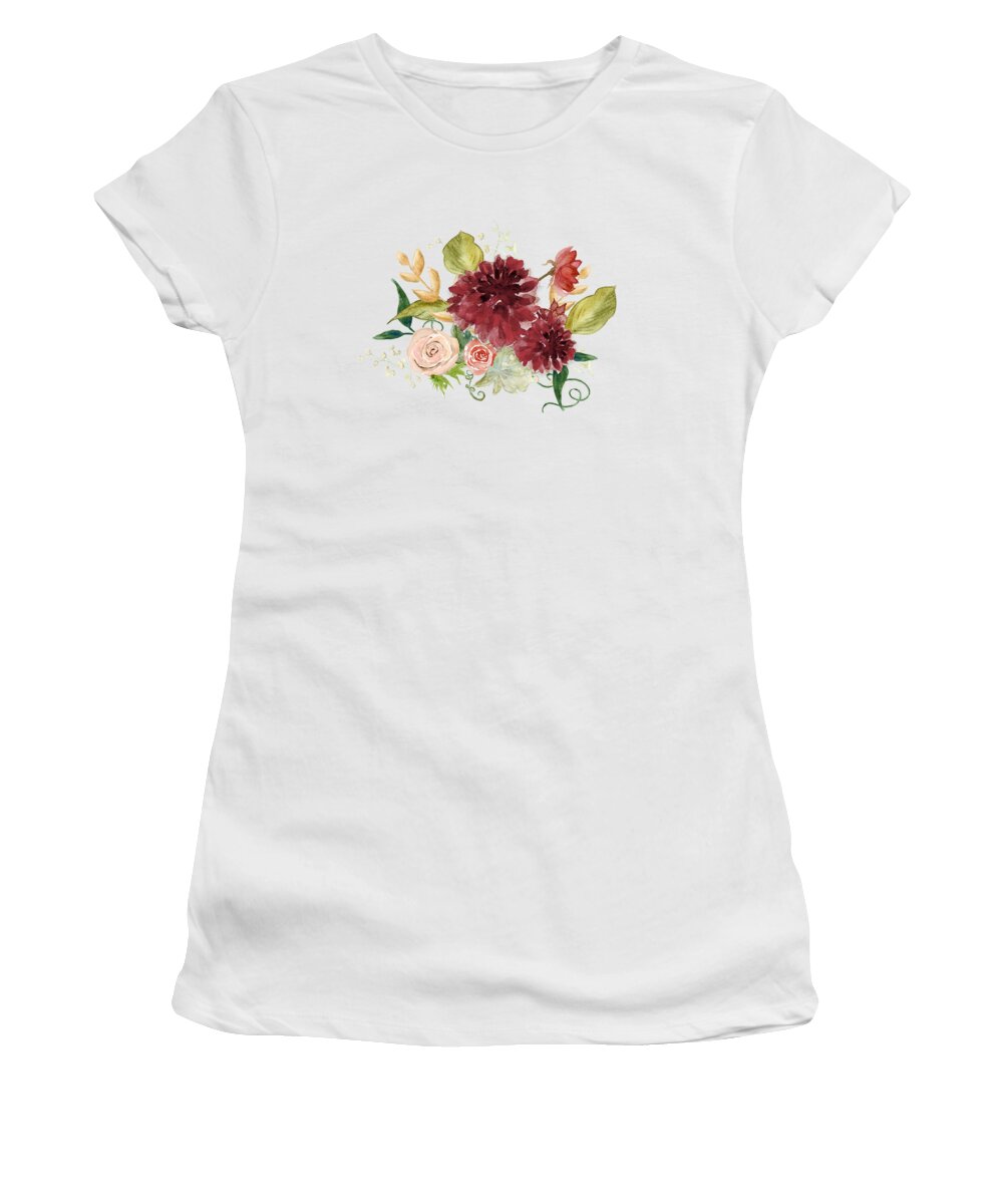 Modern Bohemian Floral Women's T-Shirt featuring the painting Autumn Fall Burgundy Blush Floral Butterfly w Foliage Greenery by Audrey Jeanne Roberts