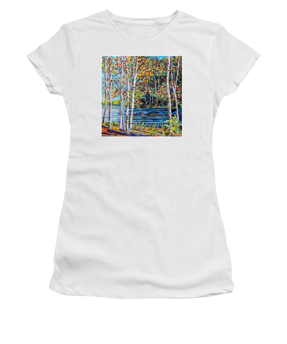 Autumn Fall Leaves Tree Trees Lake Lakes Pond Pond Julian Collage Collages Assemblage Torn Cut Paper Landscape Landscapes Women's T-Shirt featuring the mixed media Autumn Lake by Li Newton