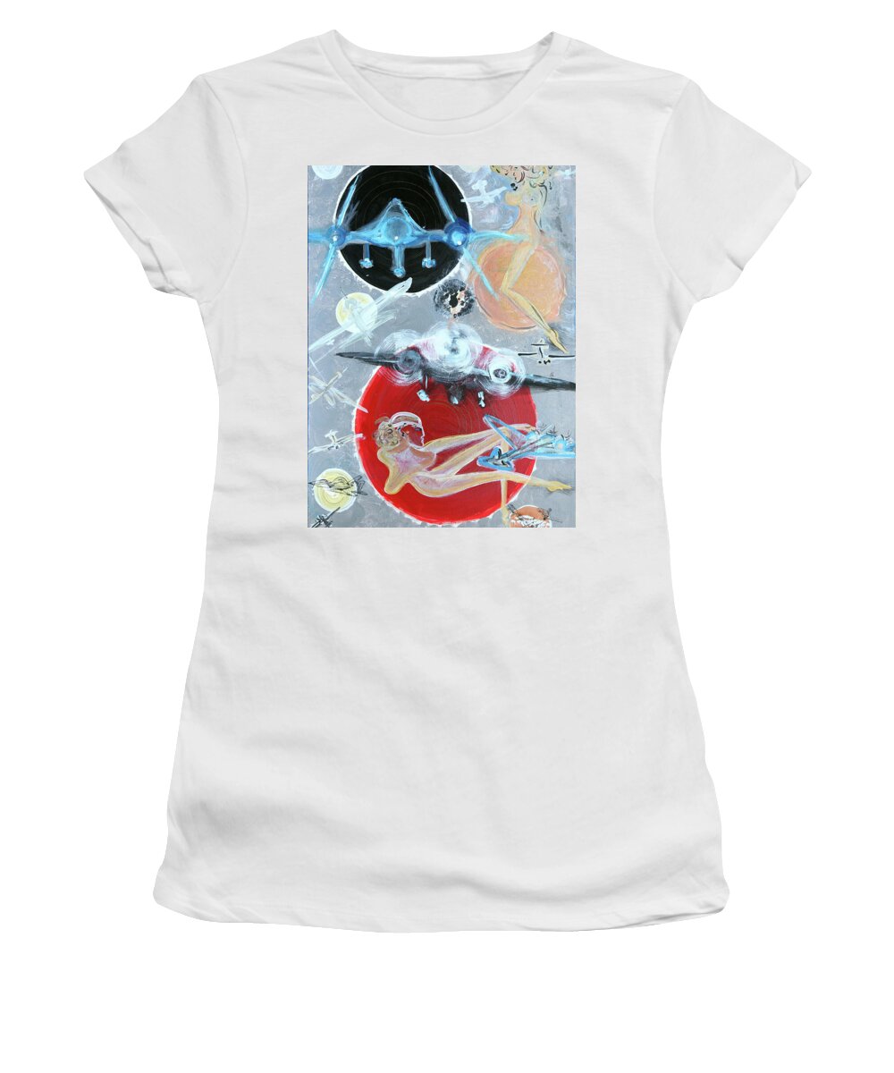 Airplanes Women's T-Shirt featuring the painting Aviation within the Stratosphere by Leslie Porter