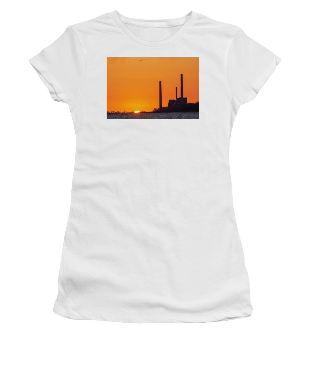 Avon Women's T-Shirt featuring the photograph Avon Power Plant Sunrise by James McClintock