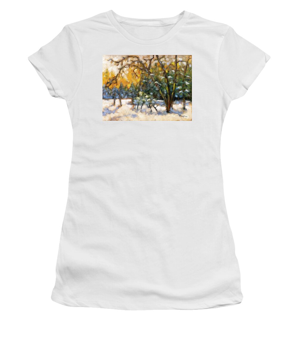 Landscape Women's T-Shirt featuring the painting Backyard in Winter by Mike Bergen