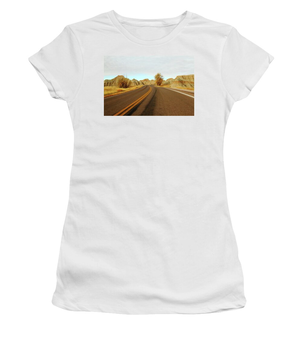 Badlands National Park Women's T-Shirt featuring the photograph Badland Blacktop by Lens Art Photography By Larry Trager
