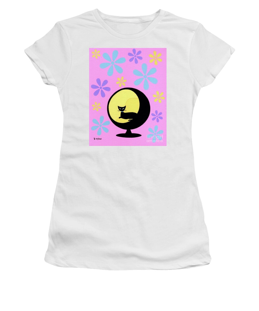 Flower Power Women's T-Shirt featuring the painting Ball Chair on Pink with Happy Flowers by Donna Mibus
