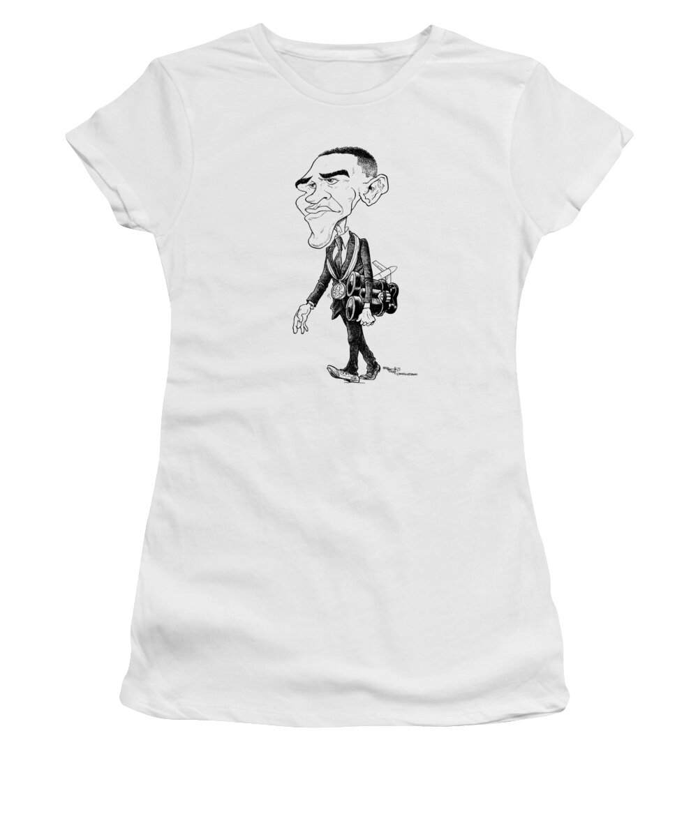 Funny Women's T-Shirt featuring the drawing Barack Obama by Mike Scott