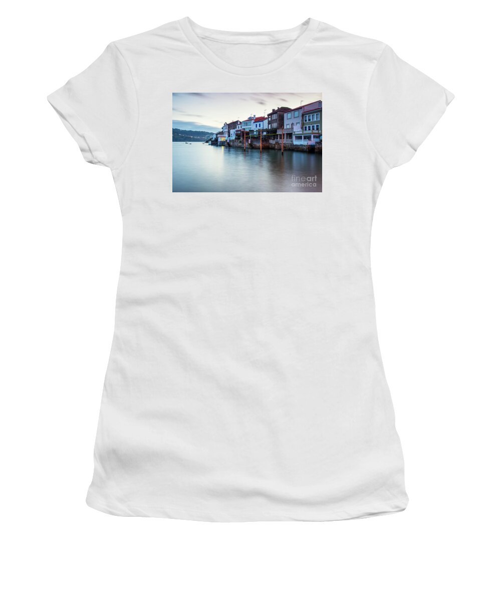 Long Exposure Women's T-Shirt featuring the photograph Beautiful Fishing Town of Redes at Ares Estuary Long Exposure La Coruna Galicia by Pablo Avanzini