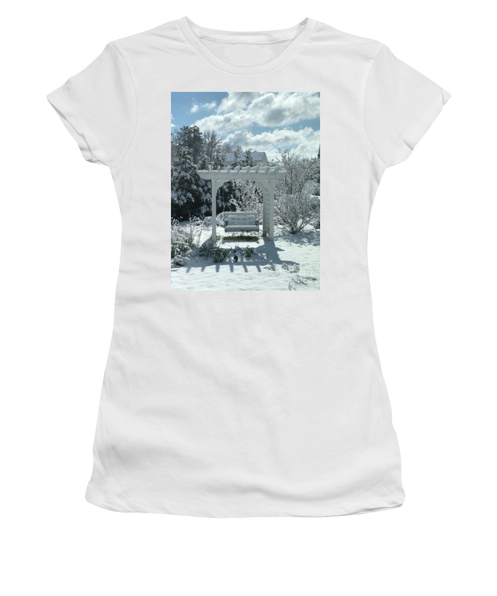 Clayton Women's T-Shirt featuring the photograph Snowy Prelude to 2020 in Clayton, North Carolina by Catherine Ludwig Donleycott