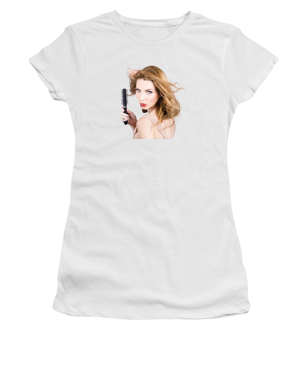 Hair Women's T-Shirt featuring the photograph Beauty model portrait. Brunette hair style woman by Jorgo Photography